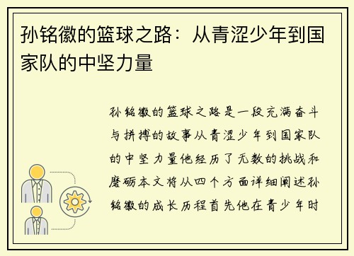 孙铭徽的篮球之路：从青涩少年到国家队的中坚力量